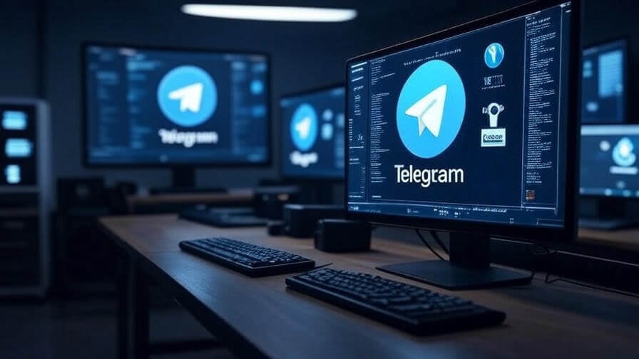 Vários monitores mostrando sessões conectadas do Telegram