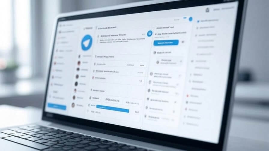 Laptop com interface do Telegram sobre uma mesa organizada